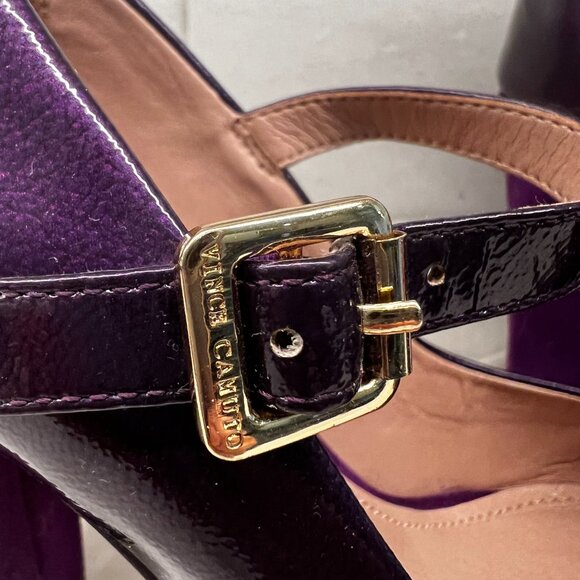 VINCE CAMUTO Vionet Mary Jane Eggplant Patent Leather Pumps Suede Heel Size 6.5 - Picture 2 of 8